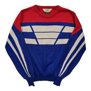 Vintage Profile Sweater Mens M Red White Blue Wool Blend Colorblock Hong Kong